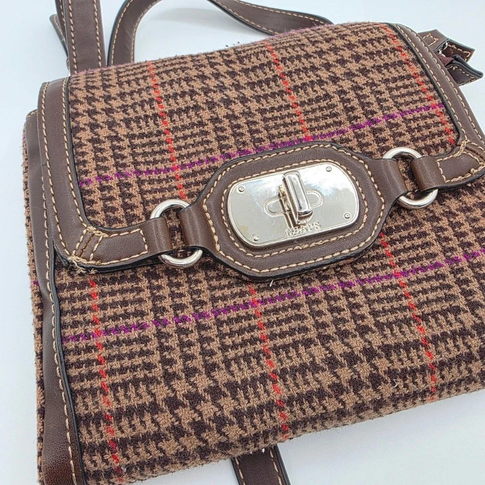 Chaps‎ Vintage Brown Houndstooth Plaid Wool Crossbody Bag Mid 2000s Messenger